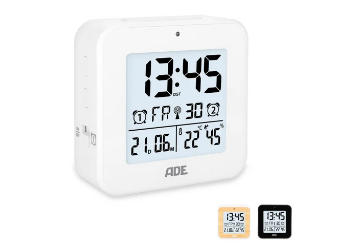 ADE Funkwecker Wecker digital funk mit Temperatur und Luftfeuchtigkeit Wecker mit Licht, 2 Weckzeiten & Schlummerfunktion, inkl. Batterien