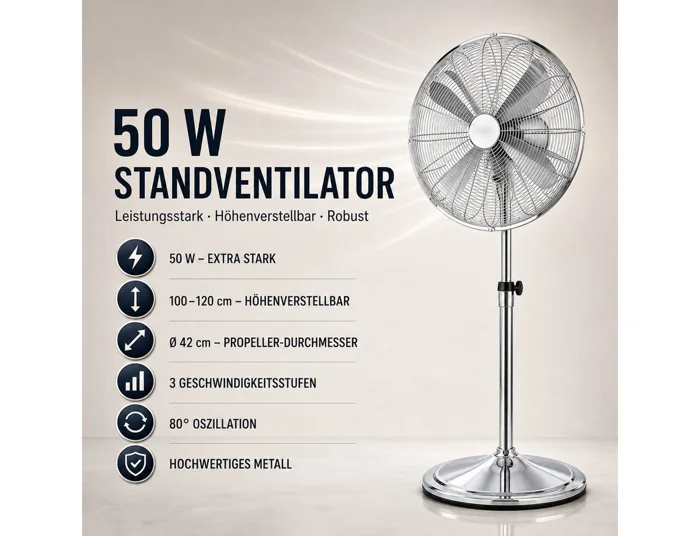 Ertex Standventilator EDELSTAHL Stand Ventilator 50W Metro 120cm Höhe Turmventilator Kühler