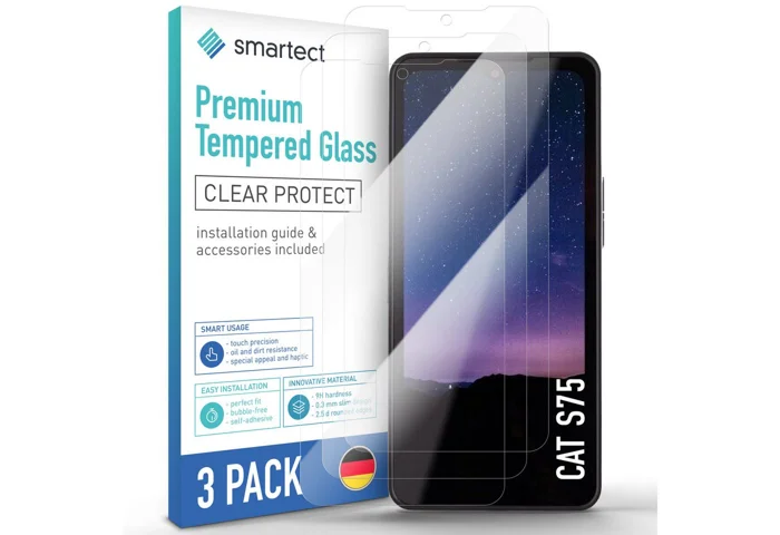 smartect Displayschutzglas 3X Schutzglas Panzerfolie Klar für CAT S75 für CAT S75, Set, 3 Stück, 0.3 mm Ultra-klar, 9H Härte, Kratzfest, Stoßfest, Bla